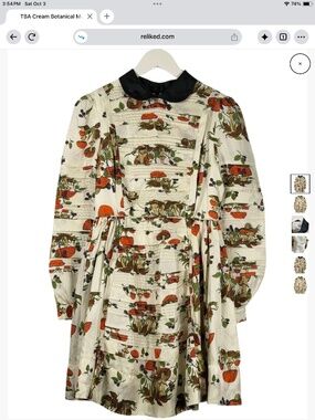 TBA cream Silk botanical print mushrooms with Peter Pan collar SZ M # nature